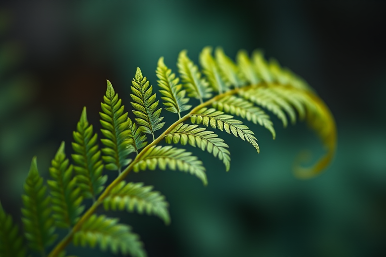 macro shot of a fern leaf with blurred background, aperture f/2.8, shutter speed 1/200s, ISO 100, captured with a Canon EOS R5, using a 100mm macro lens, natural lighting