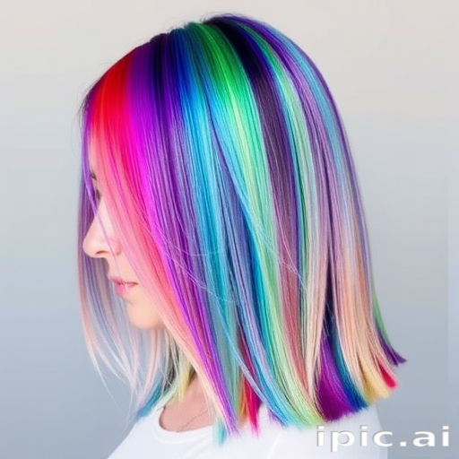 Mesmerizing rainbow hair in the "Prism Power" design showcases a seamless blend of vibrant hues in a sleek, straight style