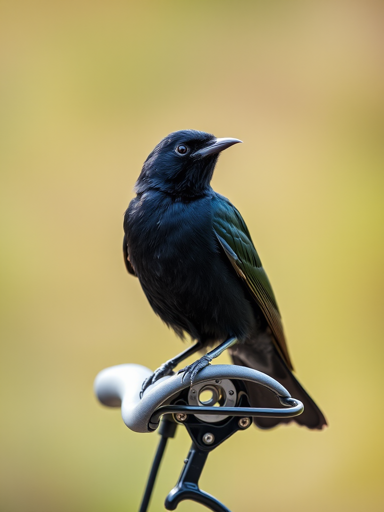 Capture a close-up of a blackbird perched on a bicycle rear rack with a shallow depth of field, using a 50mm lens at f/2.8, ISO 100, shutter speed 1/400s, natural lighting, and a soft blurred background to enhance the subject's focus.