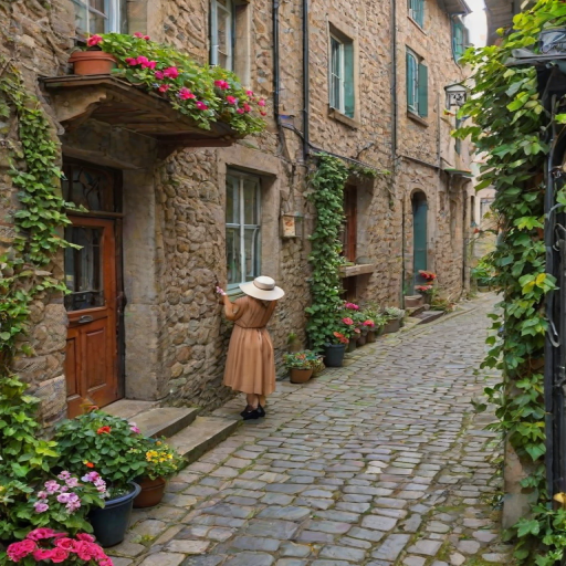Old European alleyway, cobblestones underfoot and ivy climbing up the stone walls, a woman in a sunhat stops to admire a window box full of colorful flowers.