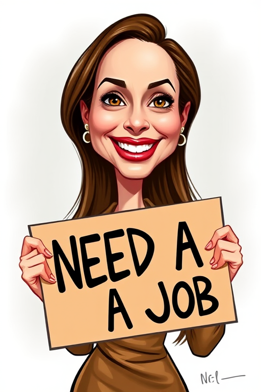 caricature of a smiling Angelina Jolie in a Brass dress or suit, holding up a sign that says "NEED A JOB", no watermark,