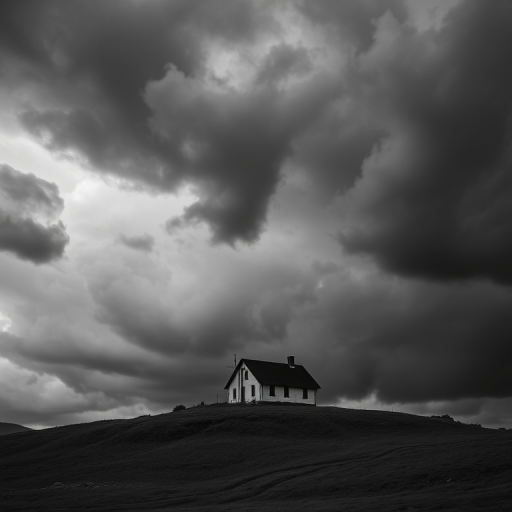 a solitary house on a hill under a stormy sky with dark clouds, monochrome tones, dramatic atmosphere