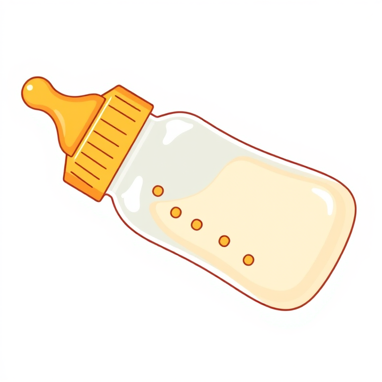 Generate a high-resolution illustration of a baby bottle with a yellow cap and an orange nipple, using a digital illustration style, with a focus on soft colors and smooth lines, captured from a front view at 300 DPI, with a clean background to enhance visibility.