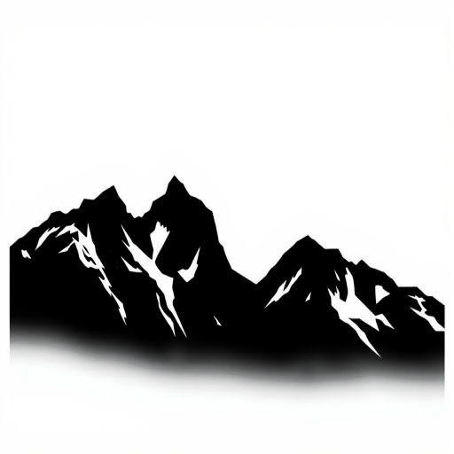 Create a high-resolution image of a minimalistic black silhouette of a mountain range against a white background, using a DSLR camera with a 50mm lens, aperture set to f/1.8, ISO 100, and a shutter speed of 1/250s to capture sharp details and smooth gradients.
