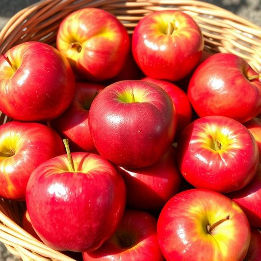 a basket filled with fresh, red apples, showcasing a mix of shiny and matte textures, with natural lighting highlighting their colors and shapes
