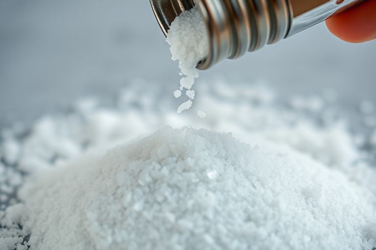 Create a high-resolution image of a salt shaker pouring salt onto a pile of granulated salt, using a close-up perspective, with a shallow depth of field, shot at f/2.8, ISO 100, and a 50mm lens.