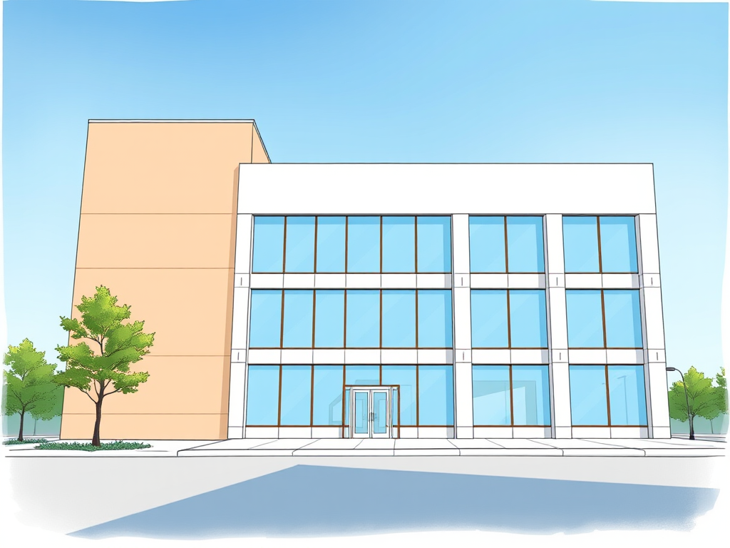 Create a detailed illustration of a modern office building with a minimalist design, featuring a flat roof and large windows reflecting a blue sky, shot from a slightly elevated angle, using a DSLR camera with a 50mm lens, aperture set to f/8 for depth of field, ISO 100 for clarity, and natural lighting to enhance colors and shadows.