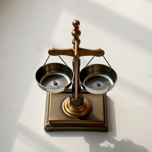 Create a high-resolution image of a classic balance scale with symmetrical pans, using a DSLR camera at f/2.8 aperture, 1/125 shutter speed, ISO 100, captured from a slight overhead view with soft natural lighting for enhanced detail and clarity.