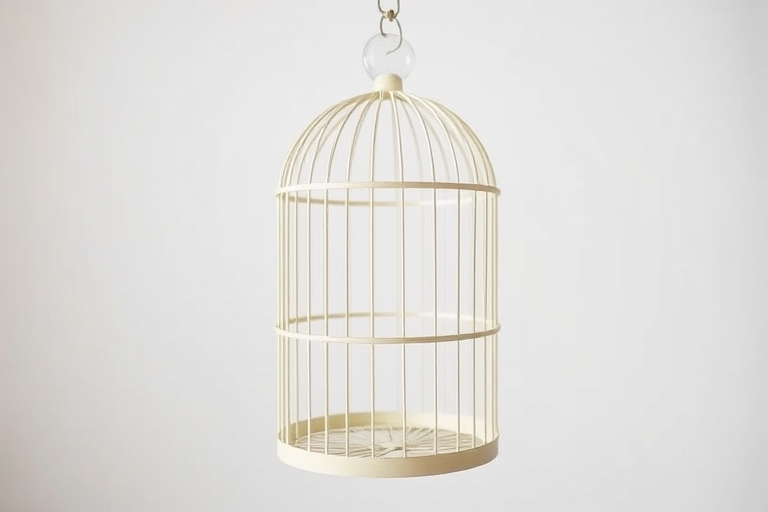 Create a high-quality image of a birdcage with a minimalist design, captured using a DSLR camera with a 50mm lens, aperture set to f/1.8, ISO 100, in a well-lit studio setting, using a shallow depth of field to focus on the cage while softly blurring the background.