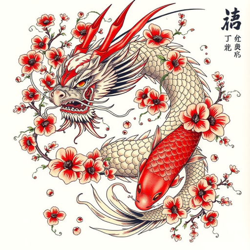 Japanese-inspired irezumi tattoo featuring a fierce dragon entwined with cherry blossoms and koi fish, rendered in bold traditional colors and flowing lines to create a dynamic full-body masterpiece