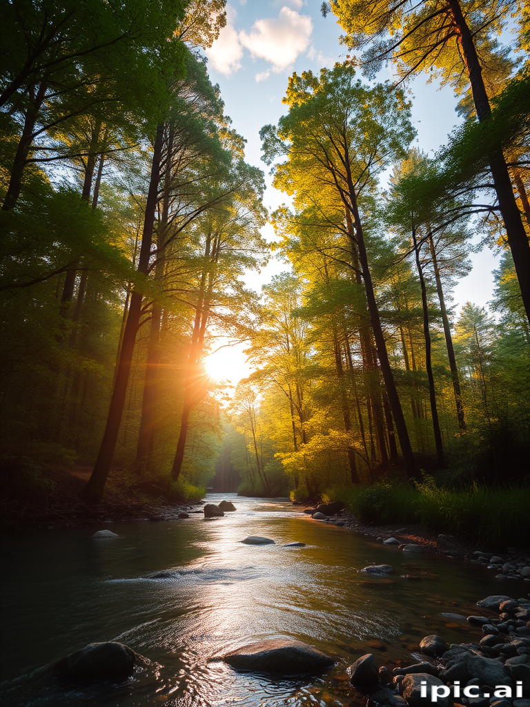 Create an image of a serene, sunlit forest scene with a clear, gently flowing river. Tall trees with lush green foliage line both sides of the river, their leaves bathed in the warm golden light of the setting or rising sun. The sunlight filters through the trees, casting soft, dappled light on the river, which flows over smooth rocks and pebbles, creating a peaceful, natural atmosphere. The sky is bright with a few scattered clouds, and the overall mood is tranquil, evoking a deep sense of connection with nature. The image captures the beauty of a calm, pristine forest landscape at either dawn or dusk.