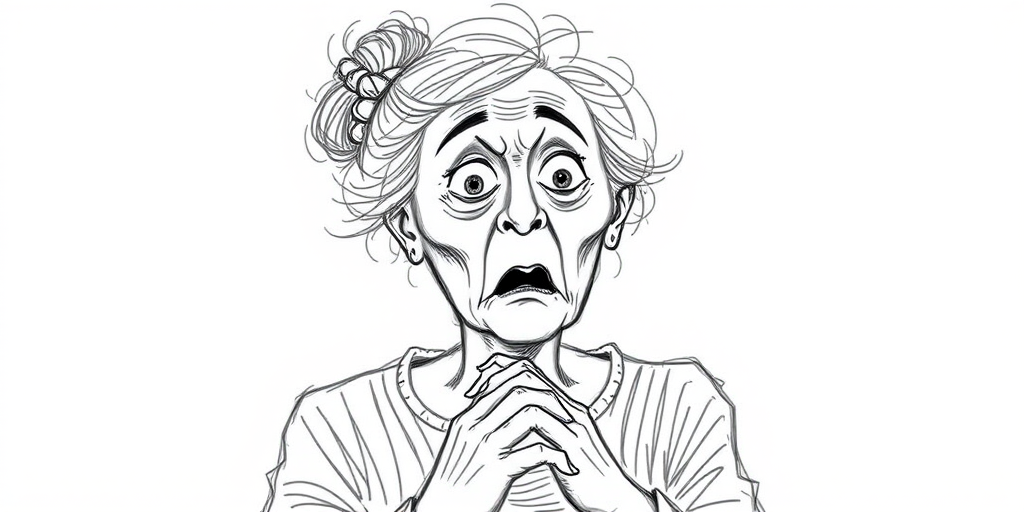 scribbly unfinished sketch, old lady with messy gray hair in a loose bun, surprised expression, mouth open, hands clasped together in front of her chest. Her eyes are wide, eyebrows are furrowed. vibe of shock or surprise.