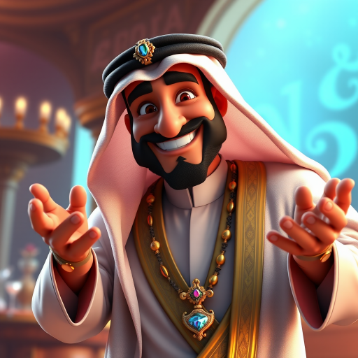 Create a 3D rendering of a wealthy Arab male sheikh from Dubai, inspired by the Disney animation style. The sheikh must have a smile and a playful but wise character. Place your character in an atmosphere of wealth and luxury. The image must be in high resolution format. Dynamic pose above the waist, gesturing with hands (Pixar Art style)++ highly detailed digital painting, art stations, concept art, soft focus, hard focus, illustrations. cinematic, visual effects, HDR, Unreal Engine 5, ray tracing, soft light, 8k, high detail, sparkling backlighting, luxury gem, game art, 3d, cartoon, colorful, magical, mysterious