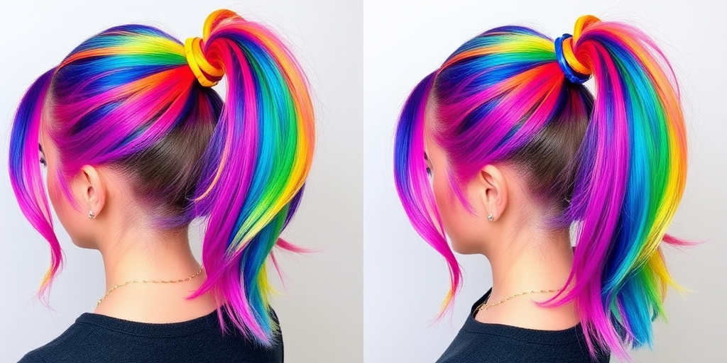 Vibrant rainbow hair with each section dyed a different hue, styled in a sleek, high ponytail with colorful hair rings, showcasing the playful "Prism Power" look