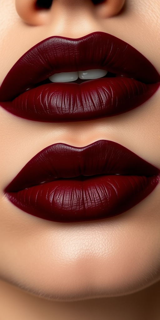 Matte burgundy lips exude sophistication in the "Vintage Vamp" look, boasting a rich, deep wine color that evokes classic Hollywood glamour, with precisely defined edges and a velvety texture that creates a bold statement, perfect for elegant evening affairs or dramatic photoshoots that demand attention and allure