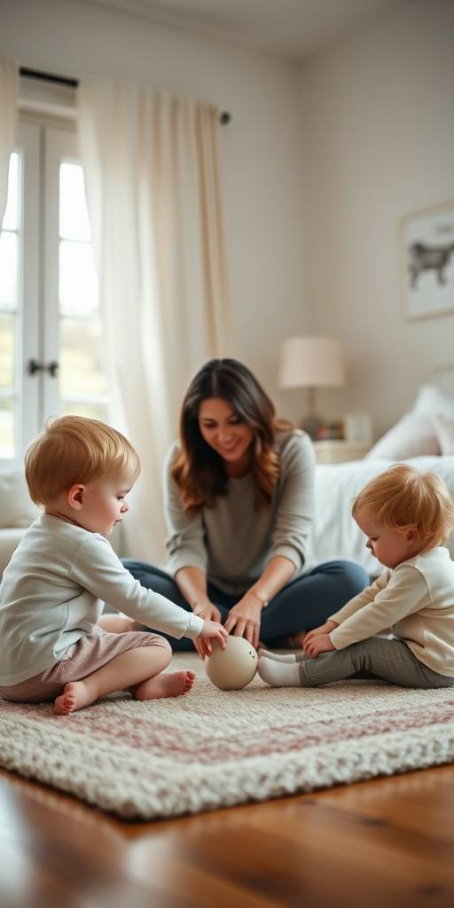 soft focus shot of a mother playing with her two children on a rug in a well-lit bedroom, natural light, aperture f/2.8, shutter speed 1/125, ISO 200, 35mm lens, minimalistic style