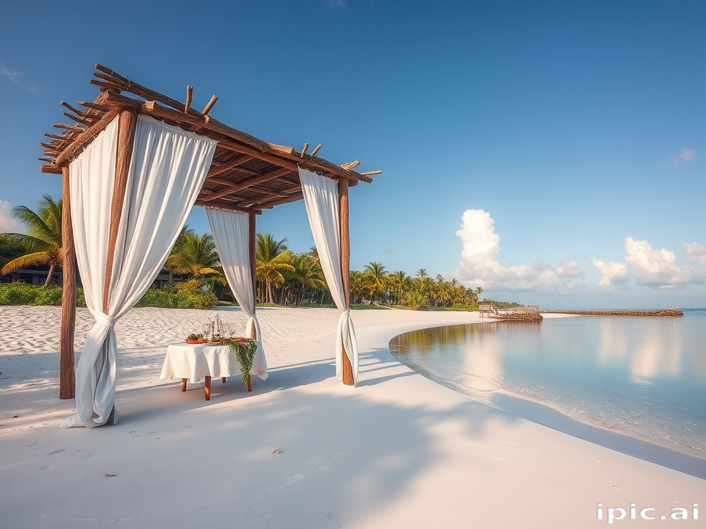 Create a picturesque tropical beach scene featuring a serene, white sandy shore. In the foreground, there's a rustic wooden canopy with white drapes gently flowing in the breeze. Underneath the canopy, a table is set with tropical decor, evoking a sense of relaxation and leisure. The beach extends into a calm, shallow water area with reflections of the sky and surroundings. Palm trees and lush greenery line the edge of the beach, providing a natural, tropical backdrop. The sky is clear with a few scattered clouds, and the overall atmosphere is tranquil and inviting, perfect for a peaceful retreat.