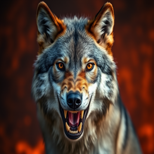 Create a hyper-realistic portrait of a fierce wolf with intense orange eyes, baring its fangs against a dramatic, fiery background, shot with a Canon EOS R5, 50mm lens, f/1.8 aperture, ISO 200, in soft natural light for enhanced detail and texture.
