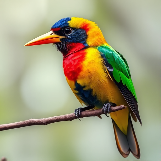 Create a high-resolution geometric abstract illustration of a colorful bird perched on a branch with sharp triangular facets, using a shallow depth of field, 50mm lens, f/2.8 aperture, ISO 100, natural daylight, focus on vibrant colors and contrast.