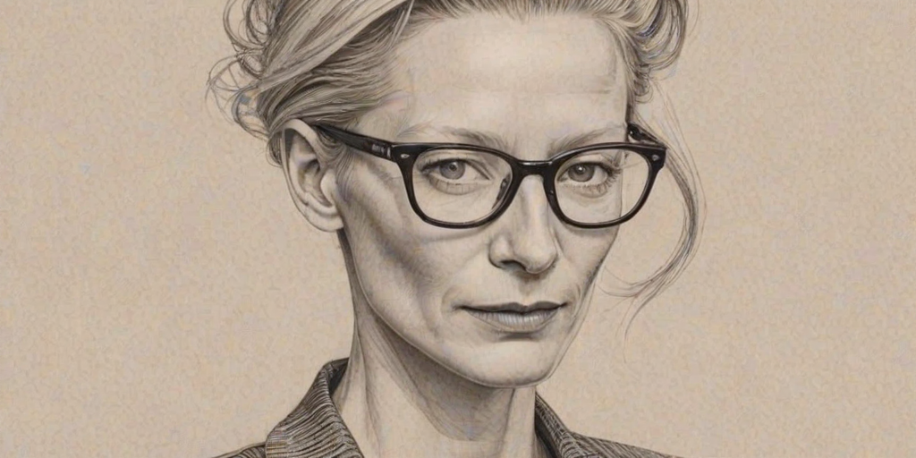 Stunning Tilda Swinton, pencil sketch, portrait of Ravishing woman 1932s in glasses, hair style beatnik, outline, clear lines, fine lines, 8k