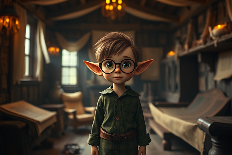 Create an image of a whimsical elf-like character with glasses standing in a dimly lit wooden room filled with ancient scrolls and rustic furniture, captured with a Canon EOS R5, 50mm lens, f/1.8 aperture, ISO 100, shutter speed 1/60 sec, in a soft focus style to enhance the magical atmosphere.
