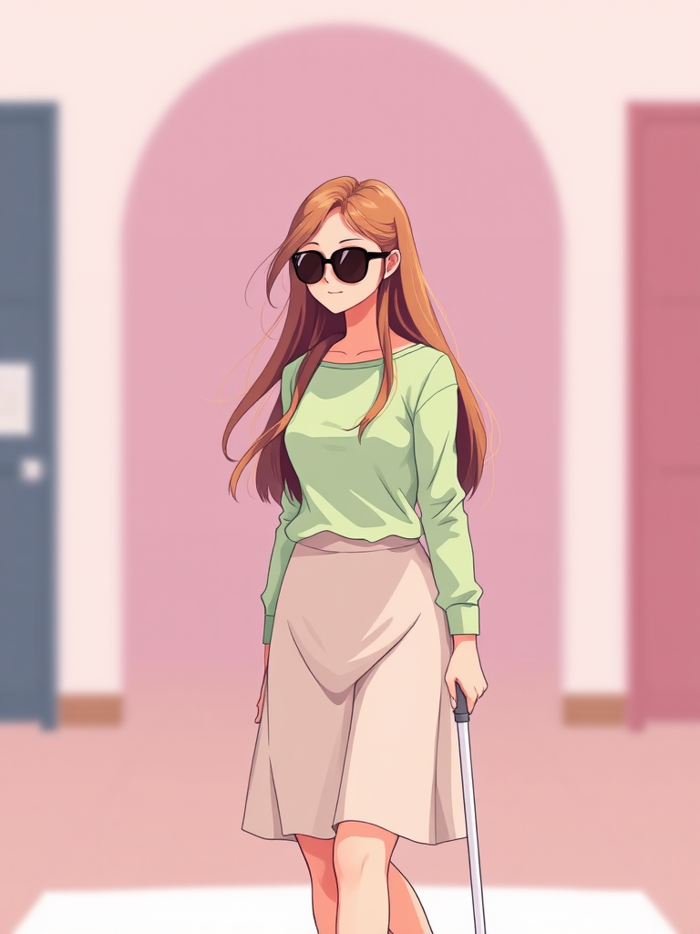 Create an enhanced illustration of a person with long hair wearing sunglasses, a light green long-sleeve shirt, and a skirt, walking with a white cane in a minimalist style, using a high-resolution digital art technique, in a bright and vibrant color palette, with a soft focus background to emphasize the subject, captured as if through a DSLR camera with a 50mm lens at f/1.8, ISO 100, and a slight vignette effect.