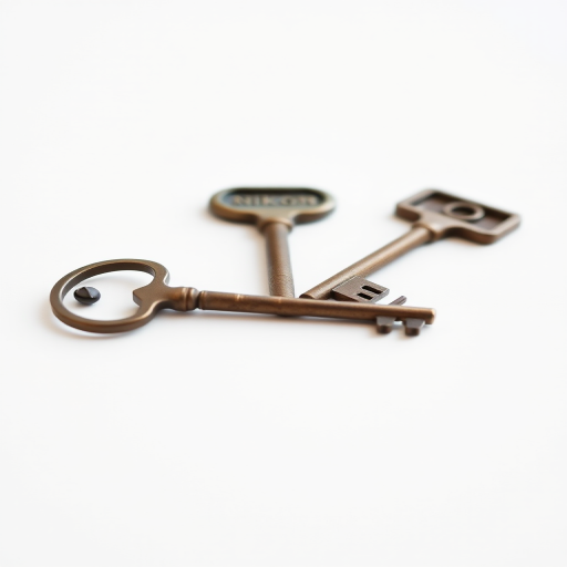 photograph of three vintage keys on a plain white background, shallow depth of field, 50mm lens, f/2.8 aperture, 1/125s shutter speed, ISO 100, natural lighting, macro shot, Nikon DSLR camera