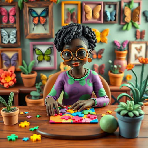 A vibrant and whimsical illustration of an african american woman sitting at a table working on a colorful jigsaw puzzle. she is wearing round glasses, and patterned clothing in shades of purple and green.  The background features an eclectic collection of framed butterflies, potted plants, and other natural elements, creating a warm and inviting atmosphere. The style is playful and modern, with rich textures, intricate details, and a lively color palette.