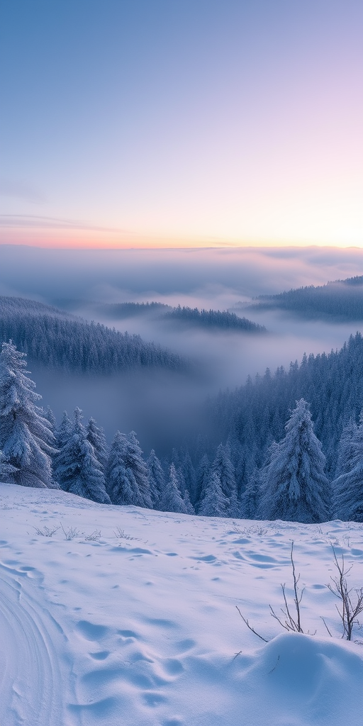 snowy landscape at dawn with mist covering hills and forests, ISO 100, f/11, 1/200s, 50mm lens, landscape view, wide angle, DSLR camera