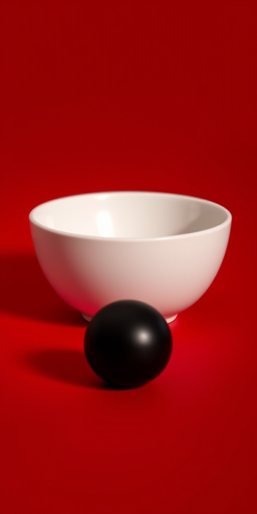 Create an image of a minimalistic composition featuring a white bowl and a black ball on a vibrant red background, shot with a Canon EOS 5D Mark IV using a 50mm f/1.8 lens at f/2.8, ISO 100, and shutter speed of 1/125 sec, with a focus on achieving sharp details and vibrant color contrast.