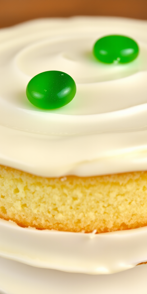 A close-up of a layered vanilla cake with smooth frosting on top and two green candy decorations on the surface, showing the texture of the cake and filling.