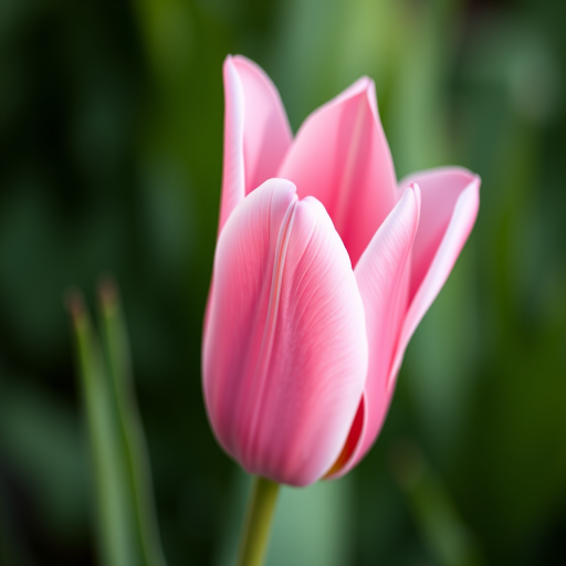 Capture a close-up of a pink tulip with a shallow depth of field, using a Canon EOS 5D Mark IV, 50mm lens, aperture f/2.8, shutter speed 1/200s, ISO 100, with a blurred green background for a smooth bokeh effect.