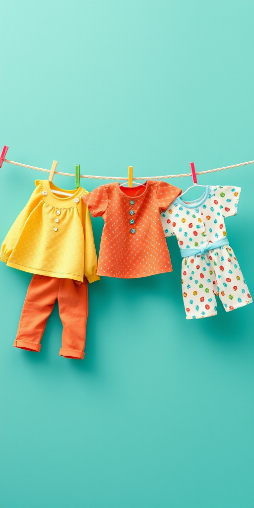Create a whimsical illustration of children's clothes hanging on a clothesline against a teal background, with playful shapes and designs, shot with a Canon EOS R5 at ISO 100, f/4, 50mm lens, using a flat lay style to enhance detail and color vibrancy.