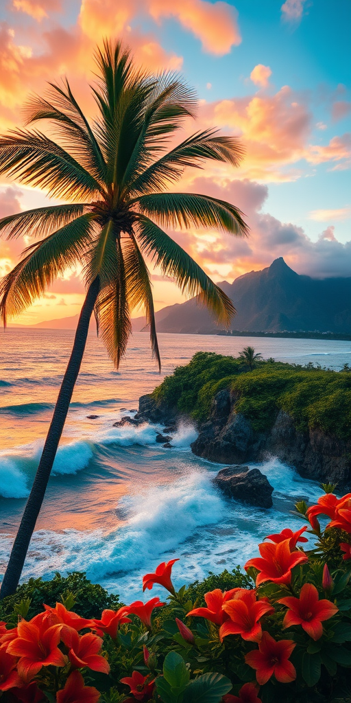 tropical island scene with a tall palm tree, vibrant flowers in the foreground, crashing waves, mountains in the background, sunset sky with colorful clouds, shot with a DSLR camera, 50mm lens, f/1.8 aperture, ISO 100, 1/200 sec shutter speed, vibrant colors and high contrast for enhanced quality
