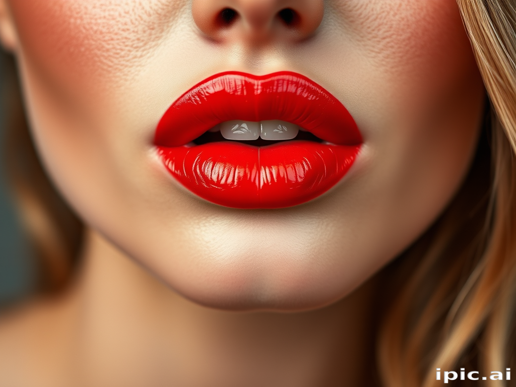 Striking woman lips adorned with vibrant coral lipstick, glossy finish, plump and voluminous, perfectly defined cupid's bow, radiating warmth and passion