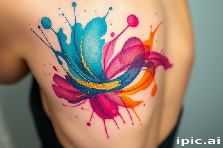 Vibrant watercolor splash tattoo named "Chromatic Symphony" featuring abstract swirls of teal, magenta, and gold intertwining gracefully across the skin creating a fluid and dynamic design that appears to dance with movement elegant brushstrokes blend seamlessly giving the illusion of paint freshly applied to canvas bursts of color radiate outward in a harmonious explosion of hues