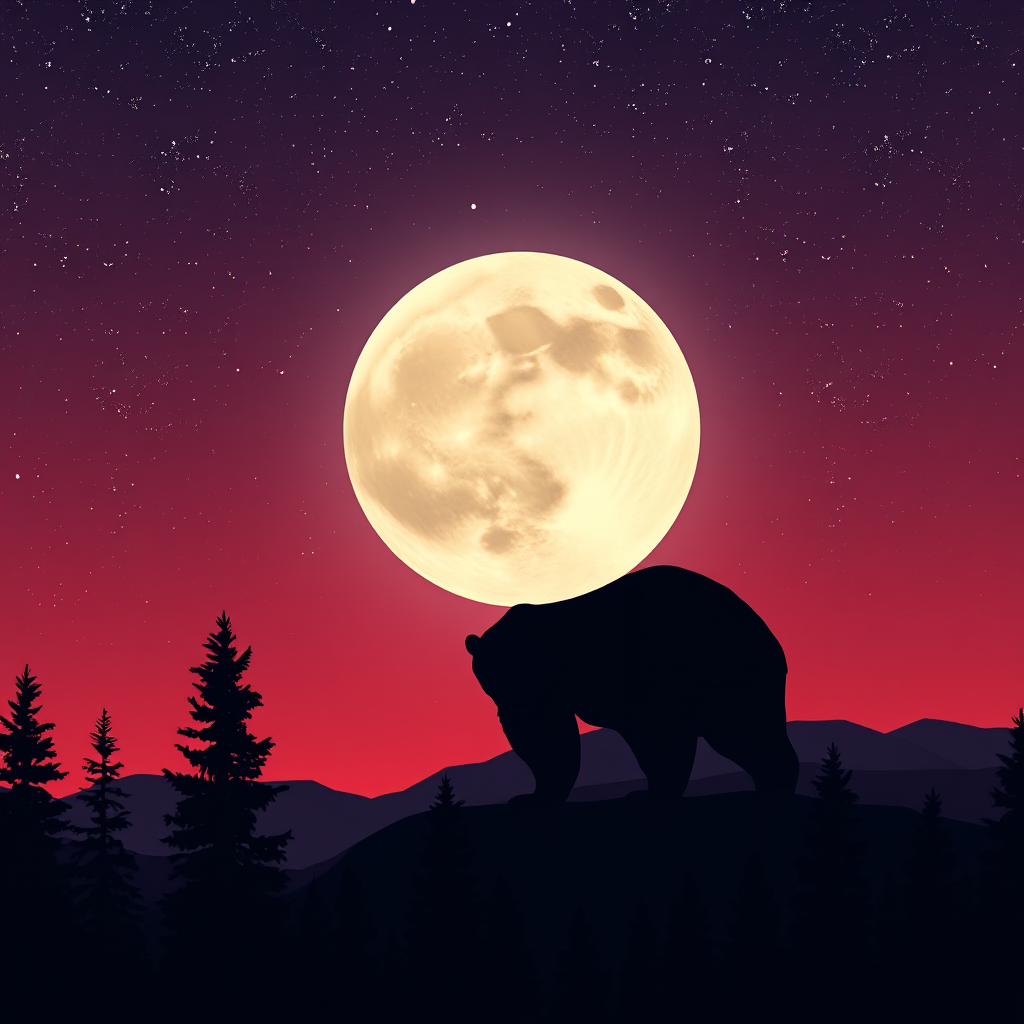 Create a high-resolution digital illustration of a bear silhouette against a starry night sky with a full moon, featuring a gradient background transitioning from deep purple to red, include pine trees and mountains in the foreground, captured with a Canon EOS R5, 24mm lens, f/8 aperture, ISO 100, 1/125s shutter speed for enhanced clarity and detail.