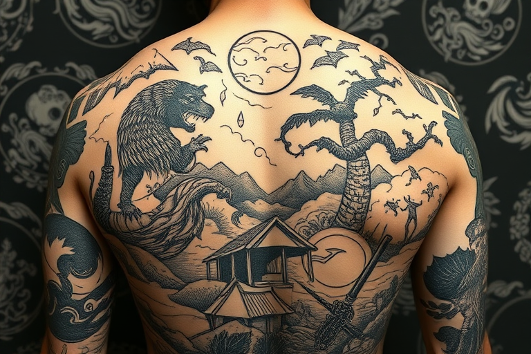 Woodcut-style tattoo titled "Folklore Etched" featuring scenes from mythology and folklore rendered in the style of traditional woodblock prints, with bold black lines and intricate cross-hatching to create texture and depth, spanning across the upper back and shoulders