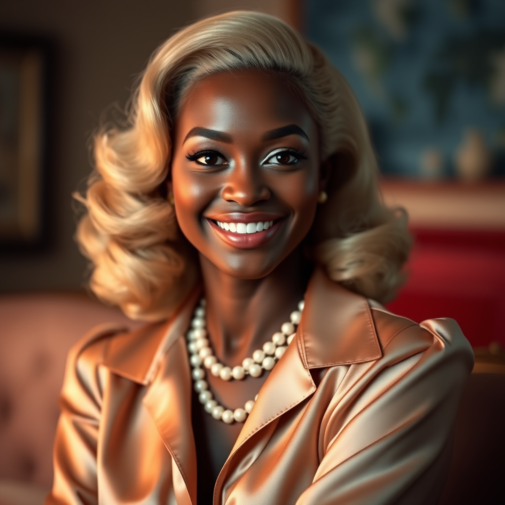 A beautiful Afro-Caribbean woman reminiscent of 1950s Hollywood glamour, with perfectly styled blonde hair and a seductive smile, dressed in a satin blouse and adorned with pearls, soft and warm tones, photorealistic, 8K