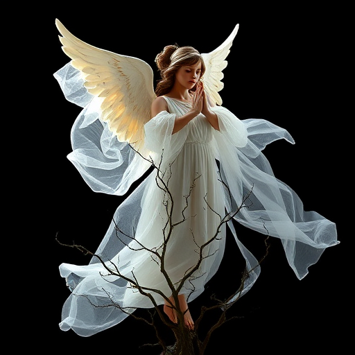 Create an ethereal angel figure with flowing transparent fabric and detailed tree branches emerging from the base, shot with a full-frame DSLR at f/1.8, ISO 100, with a 50mm lens, in soft natural light, from a slightly elevated angle to capture dynamic movement against a stark black background.