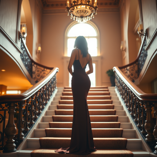 A glamorous woman in an elegant brown dress standing on a grand staircase in a luxurious mansion, soft backlighting creating a warm glow, DSLR camera, f/1.8 aperture, ISO 100, 50mm lens, portrait orientation, high dynamic range.