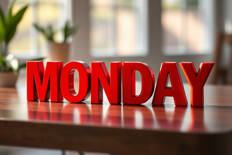 Create an image of the word MONDAY in bold, 3D red letters with a glossy finish, shot using a DSLR camera at f/2.8 aperture, 50mm lens, with natural lighting and a shallow depth of field for a vibrant and sharp focus.
