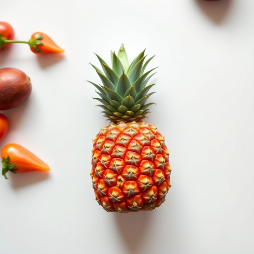 a vibrant pineapple on a white background, taken with a Canon EOS R5, f/2.8 aperture, 50mm lens, ISO 100, top-down view, natural light for enhanced color saturation and shadow detail