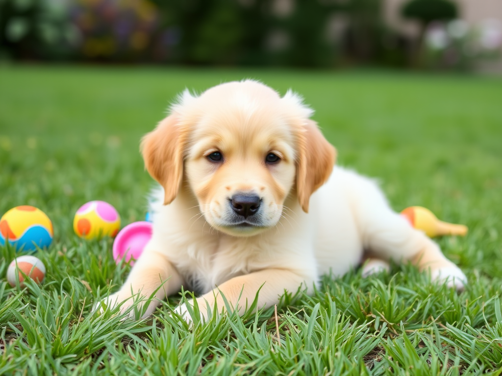 A fluffy golden retriever puppy lying on green grass with a soft expression and slightly tilted head, surrounded by colorful toys in a serene outdoor setting.