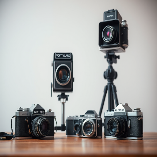Create a high-resolution image of vintage medium format cameras, set against a simple background, using a depth of field at f/2.8, ISO 100, shutter speed 1/125s, with a slight angle view to emphasize the details, utilizing a digital medium format camera.