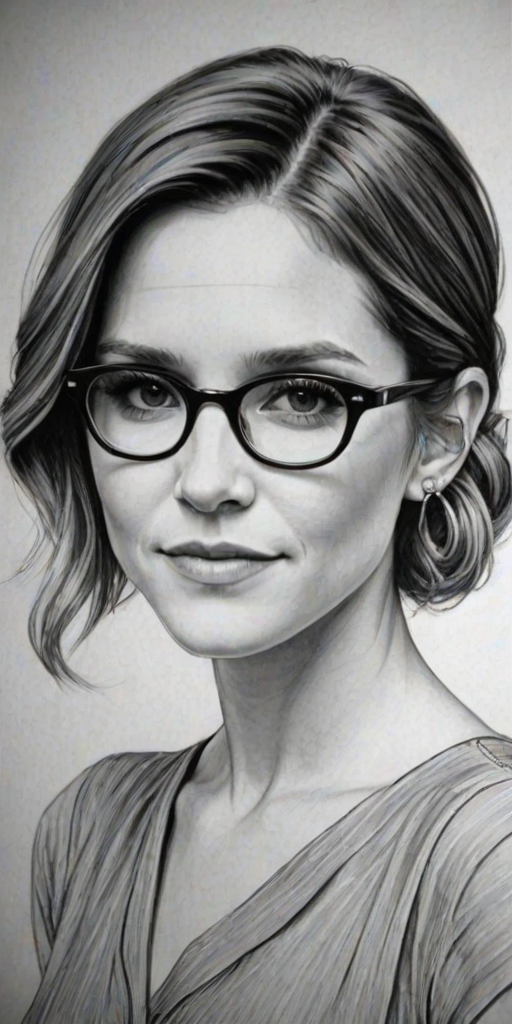 Splendid Sophia Bush, pencil sketch, portrait of Splendid woman 1929s in glasses, hair style beatnik, outline, clear lines, fine lines, 8k