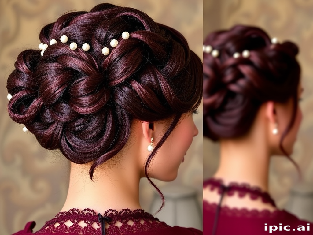 Deep burgundy locks fashioned into an elaborate, Renaissance-inspired updo with braided coils and pearl embellishments, embodying regal "Wine and Roses" elegance