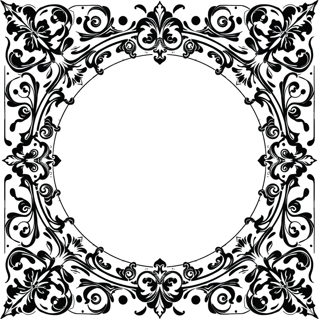 regenerate a vintage ornate frame design with intricate patterns and a blank center for text, in a black and white color scheme
