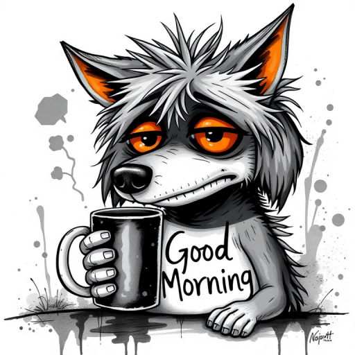 A quirky, artistic illustration of a disheveled cirneco delletna with exaggerated, large eyes and spiky fur, holding a coffee mug that reads "Good Morning". The dog has a tired but humorous expression, with ink splatters and abstract details surrounding it, giving a whimsical feel to the image. The color palette is mostly monochrome with hints of orange in the eyes and steam rising from the mug, enhancing the overall sleepy vibe