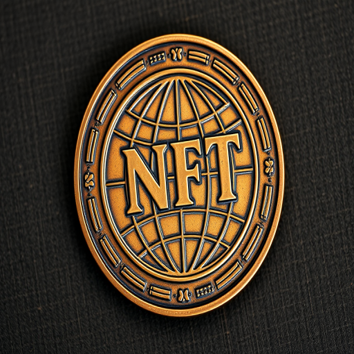 Generate a high-resolution image of a bronze coin with the word NFT surrounding a globe design, using a 50mm lens, aperture f/2.8, ISO 100, soft diffuse lighting, top-down view, and digital SLR camera.